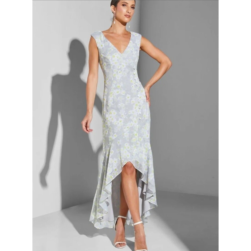 Adrianna Papell Womens Gray Floral High-Low Sleeveless V-Neck Maxi Dress Size 4